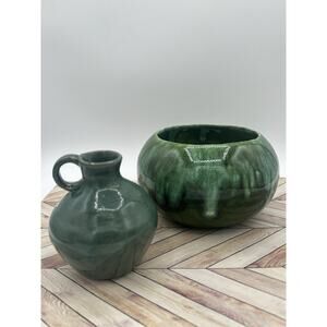 Green Drop Glaze Pottery Sugar Bowl & Creamer Drip Glaze Set Vintage Stunning